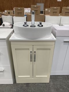 (COLLECTION ONLY) FLOOR STANDING 2 DOOR COUNTERTOP SINK UNIT IN IVORY & WHITE 550 X 380MM WITH A CERAMIC VESSEL BASIN COMPLETE WITH A WALL MOUNTED BASIN MIXER IN CHROME WITH SPOUT - RRP £765: LOCATIO