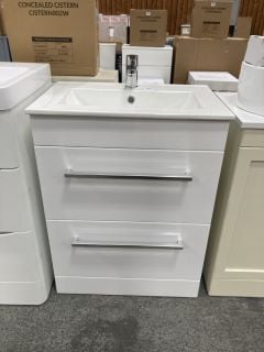 (COLLECTION ONLY) FLOOR STANDING 2 DRAWER SINK UNIT IN WHITE WITH A 610 X 400MM 1TH CERAMIC BASIN COMPLETE WITH A MONO BASIN MIXER TAP & CHROME SPRUNG WASTE - RRP £735: LOCATION - D4