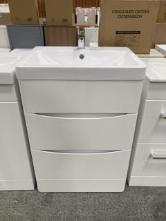 (COLLECTION ONLY) FLOOR STANDING 2 DRAWER SINK UNIT IN WHITE WITH A 600 X 450MM 1TH POLYMARBLE BASIN COMPLETE WITH A MONO BASIN MIXER TAP & CHROME SPRUNG WASTE - RRP £745: LOCATION - D4