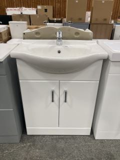 (COLLECTION ONLY) FLOOR STANDING 2 DOOR SEMI RECESSED SINK UNIT IN WHITE WITH A 650 X 440MM 1TH CERAMIC BASIN COMPLETE WITH MONO BASIN MIXER TAP & CHROME SPRUNG WASTE - RRP £775: LOCATION - D4