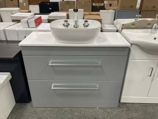 (COLLECTION ONLY) FLOOR STANDING 2 DRAWER COUNTERTOP SINK UNIT IN LIGHT GREY & WHITE 1005 X 405MM WITH A CERAMIC VESSEL BASIN COMPLETE WITH A WALL MOUNTED 3 HOLE BASIN MIXER IN CHROME WITH SPRUNG WAS