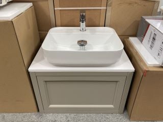 (COLLECTION ONLY) WALL HUNG 1 DRAWER COUNTERTOP SINK UNIT IN MOCCA & WHITE 670 X 400MM WITH A 1TH CERAMIC BASIN COMPLETE WITH A MONO BASIN MIXER TAP & CHROME SPRUNG WASTE - RRP £785: LOCATION - D2