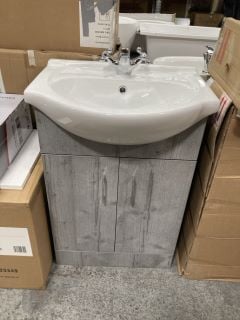 (COLLECTION ONLY) FLOOR STANDING 2 DOOR SEMI RECESSED SINK UNIT IN LEA CONCRETE WITH A 560 X 450MM 1TH CERAMIC BASIN COMPLETE WITH TRADITIONAL CROSSHEAD MONO BASIN MIXER TAP & CHROME SPRUNG WASTE - R