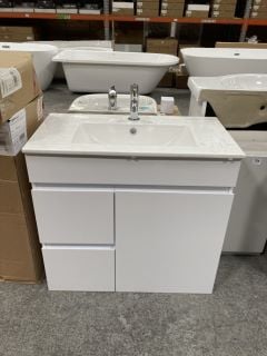 (COLLECTION ONLY) FLOOR STANDING 1 DOOR 2 DRAWER SINK UNIT IN WHITE WITH A 770 X 400MM 1TH CERAMIC BASIN COMPLETE WITH MONO BASIN MIXER TAP & CHROME SPRUNG WASTE - RRP £770 * MINOR CHIP TO TOP RIGHT