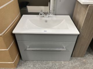 (COLLECTION ONLY) WALL HUNG 1 DRAWER SINK UNIT IN LIGHT GREY WITH A 610 X 400MM 1TH CERAMIC BASIN COMPLETE WITH A TRADITIONAL CROSSHEAD MONO BASIN MIXER TAP & CHROME SPRUNG WASTE - RRP £725: LOCATION