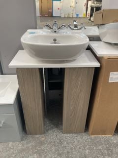 (COLLECTION ONLY) 2 X CARINI WALNUT 1 DOOR BASE UNITS WITH A 600 X 300MM WHITE COUNTERTOP COMPLETE WITH A 1TH CERAMIC BASIN & MONO BASIN MIXER TAP & CHROME SPRUNG WASTE - RRP £755: LOCATION - D3