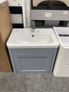 (COLLECTION ONLY) WALL HUNG 1 DRAWER SINK UNIT IN SKY BLUE WOOD GRAIN WITH A 505 X 370MM 1TH CERAMIC BASIN COMPLETE WITH A MONO BASIN MIXER TAP & CHROME SPRUNG WASTE - RRP £705: LOCATION - D3