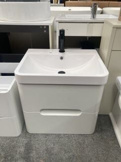 (COLLECTION ONLY) WALL HUNG 2 DRAWER SINK UNIT IN WHITE WITH A 590 X 455MM 1TH POLYMARBLE BASIN COMPLETE WITH A BLACK MONO BASIN MIXER TAP & SPRUNG WASTE - RRP £755: LOCATION - D4