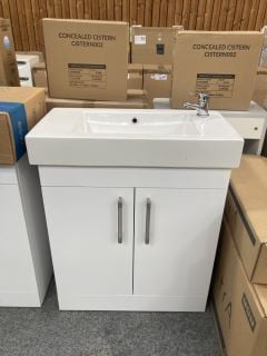 (COLLECTION ONLY) FLOOR STANDING 2 DOOR SINK UNIT IN WHITE WITH A 700 X 360MM 1TH CERAMIC BASIN COMPLETE WITH A MONO BASIN MIXER TAP & CHROME SPRUNG WASTE - RRP £765: LOCATION - D3