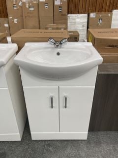 (COLLECTION ONLY) FLOOR STANDING 2 DOOR SEMI RECESSED SINK UNIT IN WHITE WITH A 560 X 440MM 1TH CERAMIC BASIN COMPLETE WITH A MONO BASIN MIXER TAP IN CHROME WITH POP UP WASTE - RRP £745: LOCATION - D