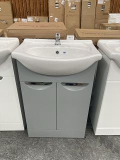 (COLLECTION ONLY) FLOOR STANDING 2 DOOR SEMI RECESSED SINK UNIT IN LIGHT GREY WITH A 560 X 440MM 1TH CERAMIC BASIN COMPLETE WITH A MONO BASIN MIXER TAP & CHROME SPRUNG WASTE - RRP £745: LOCATION - D3