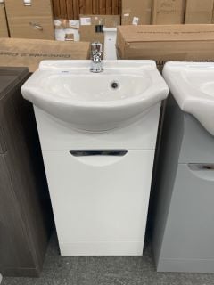 (COLLECTION ONLY) FLOOR STANDING 1 DOOR SEMI RECESSED CLOSET SINK UNIT IN WHITE WITH A 410 X 350MM 1TH CERAMIC BASIN COMPLETE WITH A MONO BASIN MIXER TAP & CHROME SPRUNG WASTE - RRP £625: LOCATION -