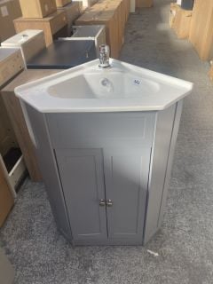 (COLLECTION ONLY) FLOOR STANDING 2 DOOR CORNER SINK UNIT IN LIGHT GREY WITH MATCHING 1TH CERAMIC BASIN COMPLETE WITH MONO BASIN MIXER TAP & CHROME SPRUNG WASTE - RRP £705: LOCATION - D4