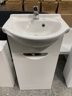 (COLLECTION ONLY) FLOOR STANDING 1 DOOR SEMI RECESSED CLOSET SINK UNIT IN WHITE WITH A 410 X 350MM 1TH CERAMIC BASIN COMPLETE WITH A MONO BASIN MIXER TAP & CHROME SPRUNG WASTE - RRP £625: LOCATION -