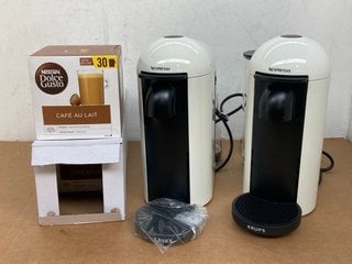 2 X NESPRESSO KRUPS COFFEE MACHINES IN CREAM TO INCLUDE QTY OF NESCAFE DOLCE GUSTO CAFE AU LAIT COFFEE PODS: LOCATION - E6