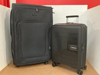 AMERICAN TOURISTER SMALL HARD SHELL SPINNER SUITCASE IN BLACK TO INCLUDE JOHN LEWIS & PARTNERS LARGE SOFT SHELL COMBINATION LOCK SUITCASE IN BLACK: LOCATION - H5