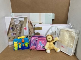 7 X BABY ITEMS TO INCLUDE JOHN LEWIS & PARTNERS WOODEN ACTIVITY WALKER & PLUSH LION TOY: LOCATION - H2