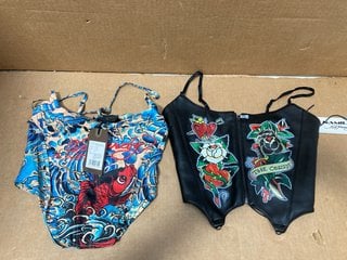 ED HARDY NAMILIA DAGGER CORSET IN BLACK UK SIZE 8 TO INCLUDE ED HARDY KOI WAVE CORSET IN BLUE UK SIZE 8 - COMBINED RRP £134: LOCATION - G8