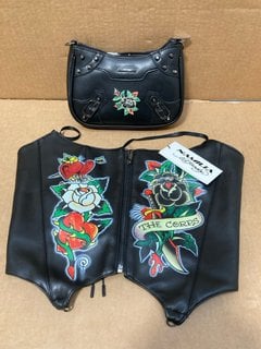 ED HARDY NAMILIA DAGGER CORSET IN BLACK UK SIZE 10 TO INCLUDE ED HARDY FLOWER LEATHER BLACK HANDBAG: LOCATION - G8