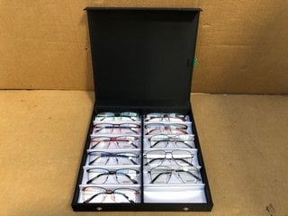 AVANTI 11 PACK OF GLASSES TO INCLUDE AVANTI ECLIPSE ORANGE AND BLACK THIN FRAME GLASSES: LOCATION - G9