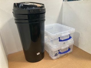 2 X ROUND BLACK PLASTIC TOUCH BINS TO INCLUDE 2 X 18L CLEAR PLASTIC STORAGE BOXES: LOCATION - G11