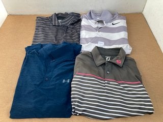 4 X MENS GOLF POLOS TO INCLUDE NIKE DRI-FIT GREY AND WHITE STRIPED POLO UK SIZE XL: LOCATION - G13