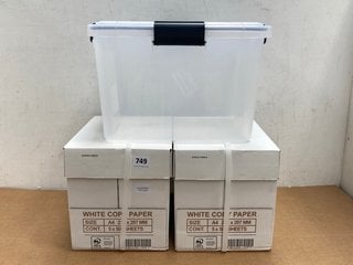 2 X BOX OF 5X500 PACKS OF A4 WHITE COPIER PAPER TO INCLUDE CLEAR PLASTIC STORAGE BOX: LOCATION - F15