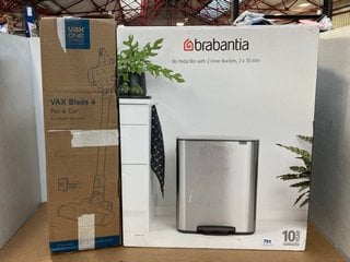 BRABANTIA BO-PEDAL BIN WITH 2 INNER BUCKETS 2 X 30L IN SILVER TO INCLUDE VAX BLADE 4 PET & CAR CORDLESS VACUUM: LOCATION - F13