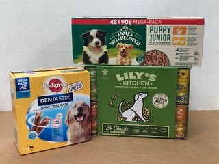 3 X ASSORTED PET FOOD ITEMS TO INCLUDE 42 MEGA PACK OF PEDIGREE DENTASTIX DAILY ORAL CARE FOR DOGS- BBE 21/01/26: LOCATION - F8