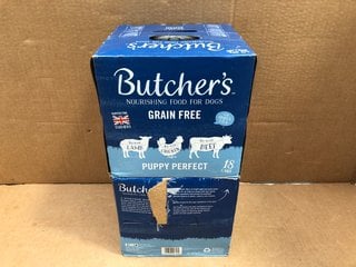 2 X 18 PACKS OF BUTCHERS PUPPY PERFECT GRAIN FREE DOG FOOD IN VARIOUS FLAVOURS- BBE 10/26: LOCATION - F5