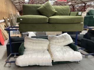 2 SEATER SOFA IN DARK GREEN (NO CUSHION COVERS) TO INCLUDE INCOMPLETE CORNER SOFA IN LIGHT GREEN: LOCATION - A4