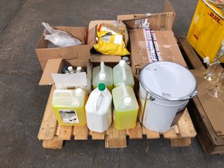 (COLLECTION ONLY) PALLET OF ASSORTED ITEMS TO INCLUDE VINTAGE VARNISH 20L CLEAR VARNISH: LOCATION - B8