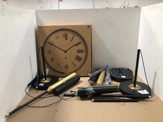 QTY OF ASSORTED ITEMS TO INCLUDE JOHN LEWIS & PARTNERS SWIVEL INTEGRATED LED UPLIGHTER IN GOLD/BLACK TO INCLUDE NEWGATE NUMBER ONE CLOCK: LOCATION - AR12