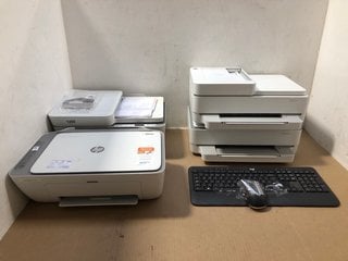 4 X ASSORTED PRINTERS TO INCLUDE HP DESKJET E120E PRINTER IN WHITE AND LOGI WIRELESS KEYBOARD AND MOUSE SET IN BLACK: LOCATION - AR13