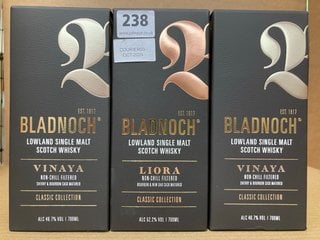 3 X ASSORTED BLADNOCH SCOTCH WHISKEY TO INCLUDE LIORA SCOTCH WHISKEY 52.2 % VOL 700ML (WE OPERATE A CHALLENGE 25 POLICY. 18+ ID MAY BE REQUIRED UPON COLLECTION/DELIVERY, E.G. A VALID PASSPORT OR PHOT