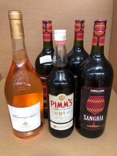 (COLLECTION ONLY) 5 X BOTTLES OF ALCOHOLIC BEVERAGE. TO INCLUDE 3X KIRKLAND SANGRIA 1.5L 5.5%ABV, 1 X WHISPERING ANGEL COTES DE PROVENCE ROSE WINE 1.5L 13%, 1 X BOTTLE OF PIMMS No.1 1L 25% (WE OPERAT