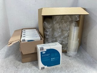 BOX OF LARGE PLASTIC CUPS TO INCLUDE BOX OF DUNI NAPKIN PACKS: LOCATION - E6