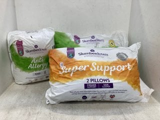 3 X ASSORTED SLUMBER DOWN BED ITEMS TO INCLUDE 2 X ANTI ALLERGY AND SUPER SUPPORT PILLOWS: LOCATION - E4