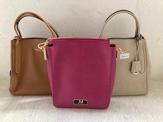 3 X ASSORTED JULIEN MACDONALD AND RADLEY LEATHER BAGS IN PINK AND LIGHT AND DARK BROWN: LOCATION - H5