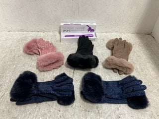 7 X ASSORTED ITEMS TO INCLUDE 5 X FRANK USHER FUR TRIM SUEDE SEQUIN COVERED GLOVES (ONE SIZE) , 2 X NURSE JAMIE UPLIFT MASSAGING FACE ROLLER: LOCATION - H11