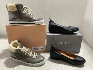 MODA IN PELLE ANNIIA LEATHER SHEARLING COLLAR HIGH TOPS IN GREY PEWTER SIZE: 40 EU TO INCLUDE VIONIC LEATHER WEDGE SLIP ON SHOES IN BLACK SIZE: 7.5: LOCATION - H11