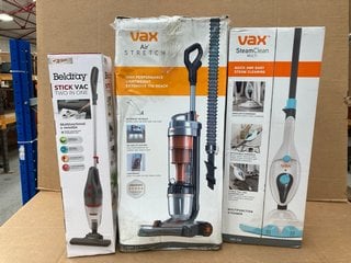 3 X ASSORTED CLEANING APPLIANCES TO INCLUDE BELDRAY 2 IN 1 STICK VACUUM CLEANER: LOCATION - H12