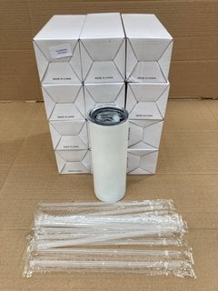 QTY OF METAL BASE DRINKING CUPS IN WHITE WITH PLASTIC STRAWS: LOCATION - F3