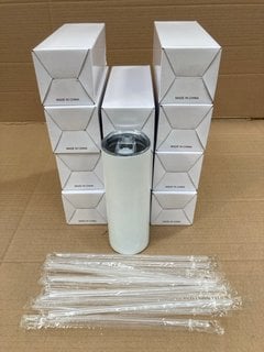 QTY OF METAL BASE DRINKING CUPS IN WHITE WITH PLASTIC STRAWS: LOCATION - F3