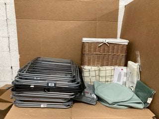 QTY OF ASSORTED JOHN LEWIS AND PARTNERS ITEMS TO INCLUDE LARGE WICKER WITH FABRIC INSIDE LAUNDRY BASKET IN WHITE AND DARK WOOD: LOCATION - G11