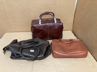 3 X ASSORTED JOHN LEWIS AND PARTNERS LEATHER LUGGAGE BAGS IN ASSORTED DARK TAN: LOCATION - G10