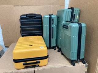 3 X ASSORTED SIZED JOHN LEWIS AND PARTNERS HARDSHELL TRAVEL SUITCASES IN GREEN , BLACK AND YELLOW: LOCATION - G10