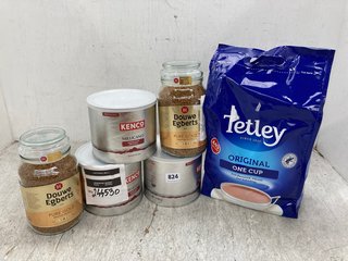 QTY OF ASSORTED TEA AND COFFEE ITEMS TO INCLUDE TETLEY ORIGINAL 440 TEA BAG PACK BB: 11/25: LOCATION - E18