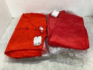 MULTIPACKS OF ICHI WOMENS KNITTED BUTTON UP VESTS AND HIGH WAISTED RIBBED BOOTLEG TROUSERS IN ORANGE IN VARIOUS SIZES: LOCATION - E17