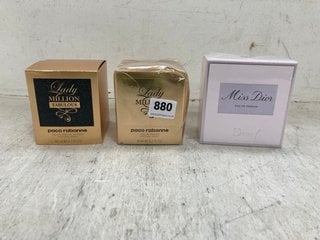 3 X ASSORTED PACO RABANNE MILLION FAMOUS AND LADY AND MISS DIOR SCENTED PERFUMES: LOCATION - E15